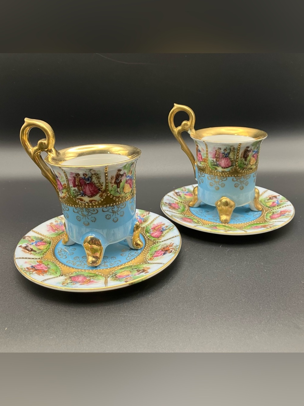 Blue Vintage Courting Couple Demitasse Cup & Saucer Double Set
